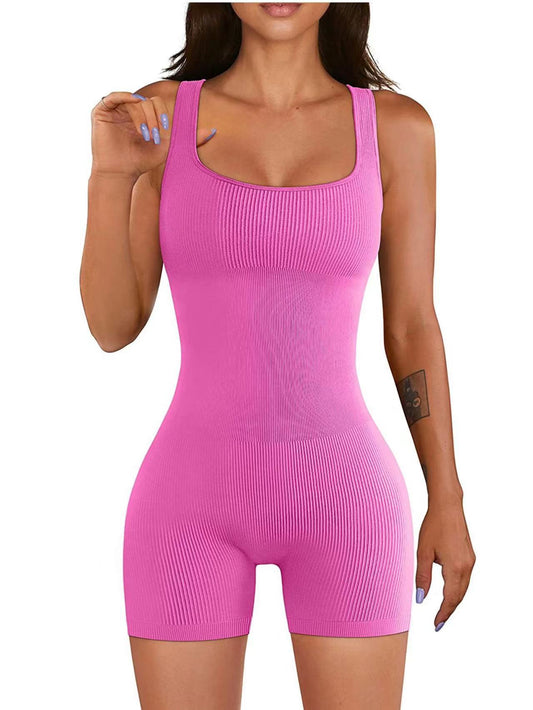 Women Yoga Jumpsuit Workout Ribbed Square Collar Sleeveless Sports Jumpsuit